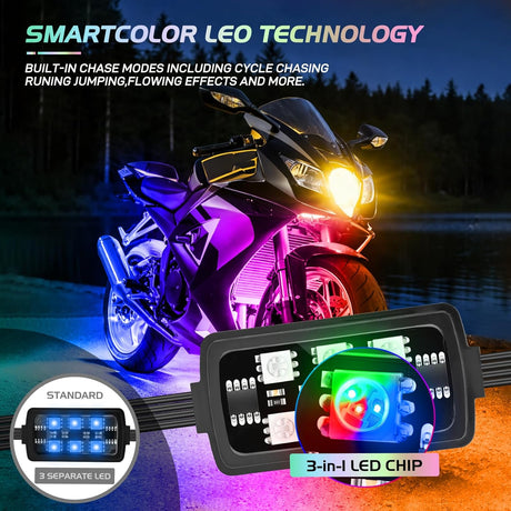 8PCS Motorcycle Dream Color LED Strip Lights Kit Waterproof Multicolor Atmosphere Neon Accent Lights Pods Lamp APP and Remote Control Underbody Strips for Harley Davidson Honda Kawasaki Suzuki