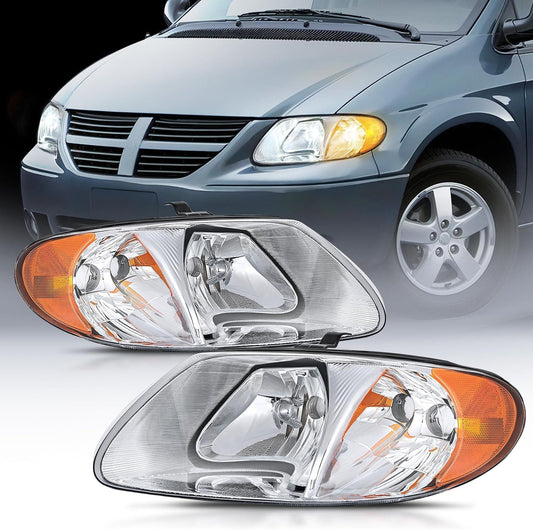 2001-2007 Chrysler Town & Country 2001-2003 Voyager 2001-2007 Dodge Grand Caravan Headlight Assembly Chrome Case Amber Reflector Nilight