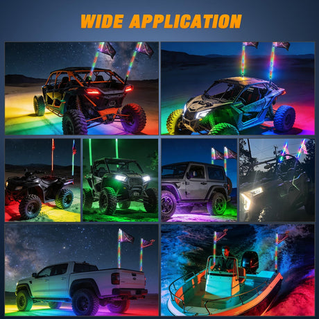 2PCS 4FT RGB LED Whip Light with Spring Base and 6 PCS Rock Lights Combo, Remote App Control w/DIY Chasing Patterns Turn Signal Brake Reverse Antenna Lighted Whips for ATV UTV Polaris RZR Jeep