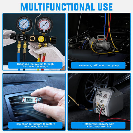 A/C Manifold Gauge Set Fits for R134a R410A R22 R404A 4-Way Auto HVAC Diagnostic Gauges Refrigerant Recharge kit with Adjustable Couplers 5FT Hoses Universal Can Tap