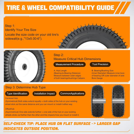 13x5.00-6 Lawn Mower Tires, 13 Inch Pneumatic Rubber Tire with 3/4 Inch Axle Bore & 3 Inch Hub Length, Air-Filled Replacement Wheels for Riding Lawn Mowers, 2 Pack