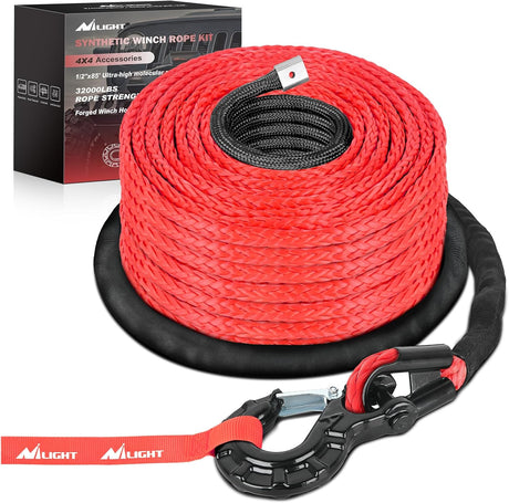 1/2 Inch Synthetic Winch Rope 85 Feet 32,000 lbs Line Cable Kit With Thimble Protective Sleeve Forged 35000lb Hook Universal for SUV 4WD Off Road Vehicle Truck ATV UTV, Red & Black