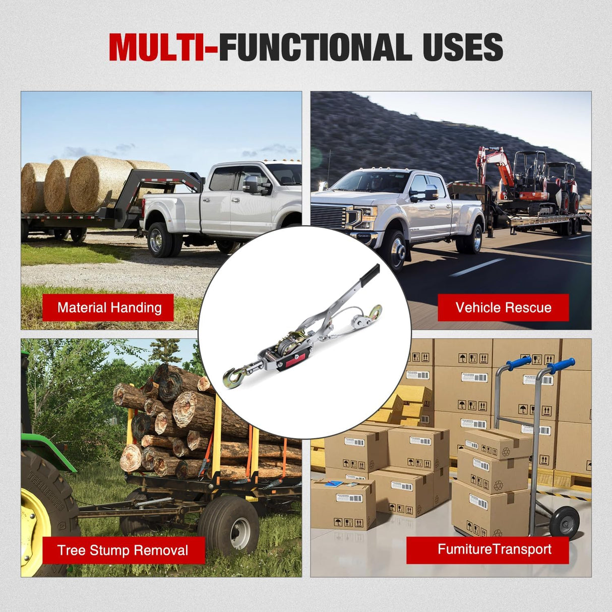 Come Along Winch 5 Ton /10,000 Lbs Heavy Duty Come Along Cable Puller Hand Winch Tool with 10 Ft Rope Double Gear 3 Hook for Lifting Pulling Road Vehicle Recovery Automotive Hoist Winch Puller