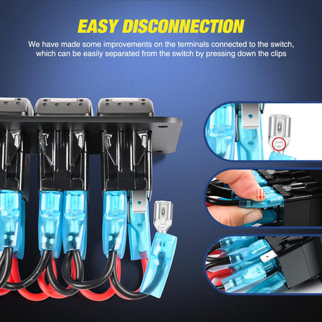 6 Gang Rocker Switch Panel Waterproof Pre-Wired Aluminum Panels with PD Type C and USB Cigarette Lighter Socket Voltmeter 12V 24V ON Off Switches for Car Trucks Boats RVs Red