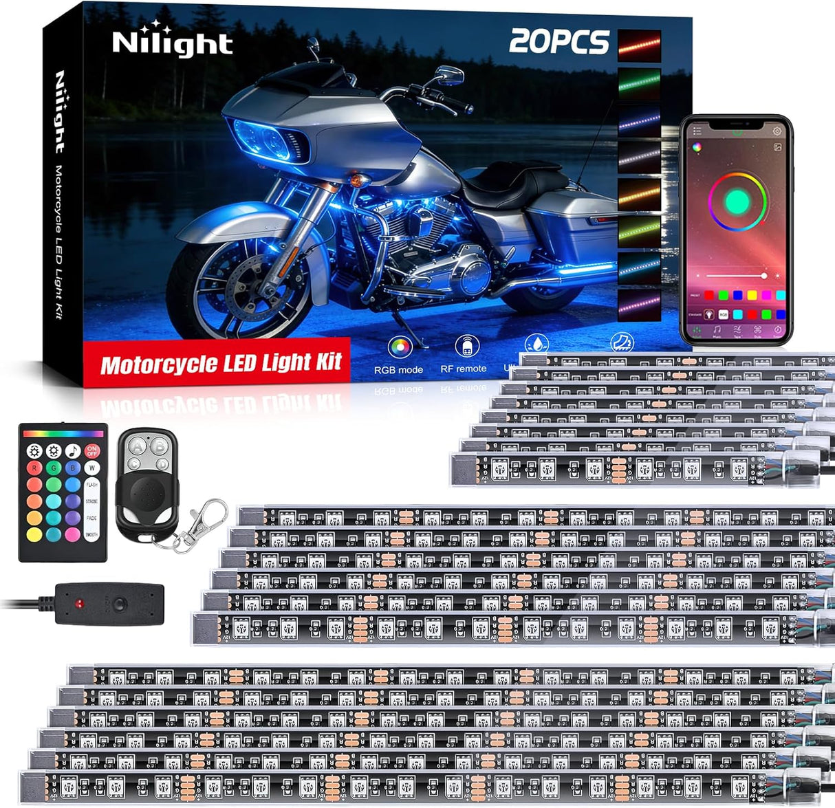 20PCS Motorcycle RGB LED Light Kit Waterproof Multi Color Atmosphere Neon Accent Lights Lamp APP and Remote Control Underbody Strips for Harley Davidson Honda Kawasaki Yamaha Suzuki