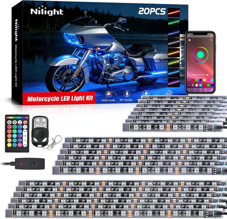 20PCS Motorcycle RGB LED Light Kit Waterproof Multi Color Atmosphere Neon Accent Lights Lamp APP and Remote Control Underbody Strips for Harley Davidson Honda Kawasaki Yamaha Suzuki