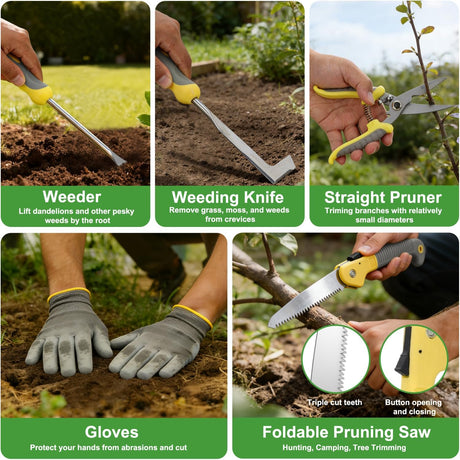 Gardening Tools 10-Piece Heavy Duty Garden Tool Set Gardening Supplies Gifts for Women Men Gardening Hand Tool Kit w Non-Slip Ergonomic Handle, Garden Bag, Durable Gloves, Pruning Shears, Gray