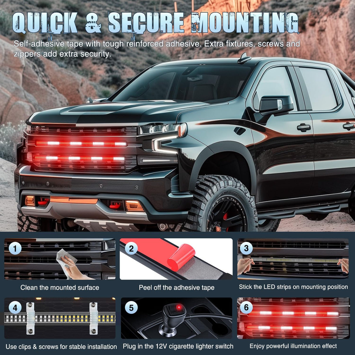 2PCS 24 inch Truck Grille Strobe Lights Strip 384 LED Emergency Light Red White Flexible Side Flashing Warning Caution Safety Waterproof Lighting Kit for Trucks Tow Plow Construction Vehicles