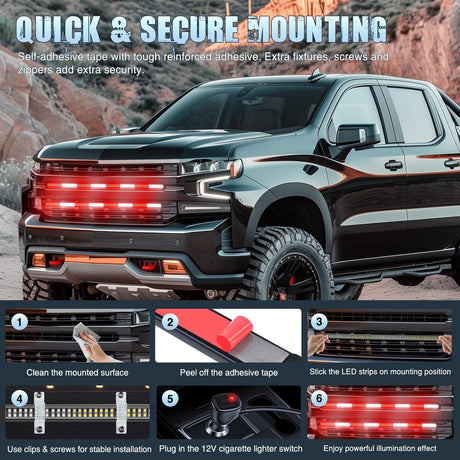 2PCS 24 inch Truck Grille Strobe Lights Strip 384 LED Emergency Light Red White Flexible Side Flashing Warning Caution Safety Waterproof Lighting Kit for Trucks Tow Plow Construction Vehicles
