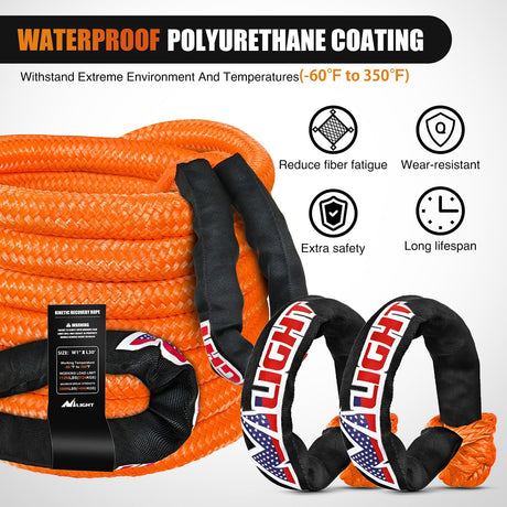 Kinetic Recovery Tow Rope Kit with 2 Soft Shackle 1 Inch x 20ft Heavy Duty Offroad Tow Rope Snatch Strap Towing Strap kit 48,000LBS for UTV ATV SUV Truck Car Jeep Tractor