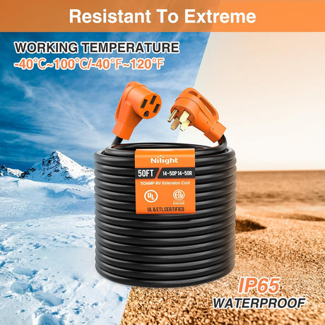 50FT 50 Amp RV Extension Cord with Adapter 15Amp to 50Amp 250V Heavy Duty 6/3+8/1 Gauge Pure Copper STW Wire UL ETL Listed 4 Prong 14-50P 14-50R Weatherproof Suit for Generators Camper