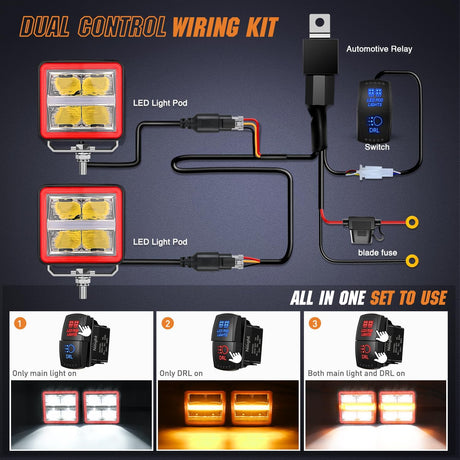 LED Pod Lights with Amber DRL 3 Inch 20 W Cube Driving Light 2200 LM Super Spot Light 16AWG Wiring Harness Kit Off Road LED Work Lights for Jeep Truck UTV 4x4 ATV Motorcycle