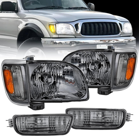 Headlight Assembly for 2001 2002 2003 2004 Toyota Tacoma Replacement Headlamp Chrome Housing Amber Reflector Smoke Lens Driver and Passenger Side