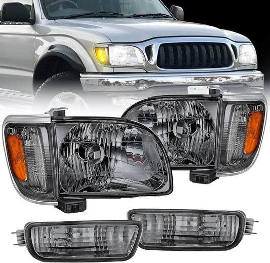 Headlight Assembly for 2001 2002 2003 2004 Toyota Tacoma Replacement Headlamp Chrome Housing Amber Reflector Smoke Lens Driver and Passenger Side