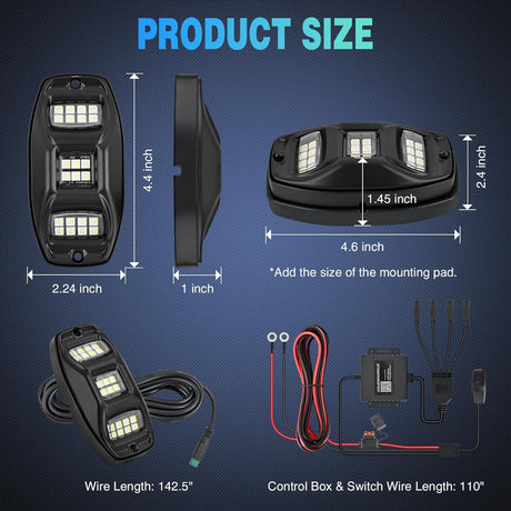 RGBW LED Rock Lights Kit, 4 Pods 22LED Wide Angle Remote & Bluetooth App Dual Control with Music Modes Multicolor Underglow Neon Wheel Well Light Fit for ATV UTV SUV Offroad Truck RZR Boat