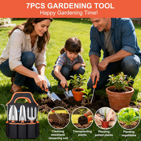Gardening Tools 7-Piece Heavy Duty Garden Tool Set Gardening Supplies Gifts for Women Men Gardening Hand Tool Kit with Non-Slip Ergonomic Handle, Garden Bag, Pruning Shears, Black Orange