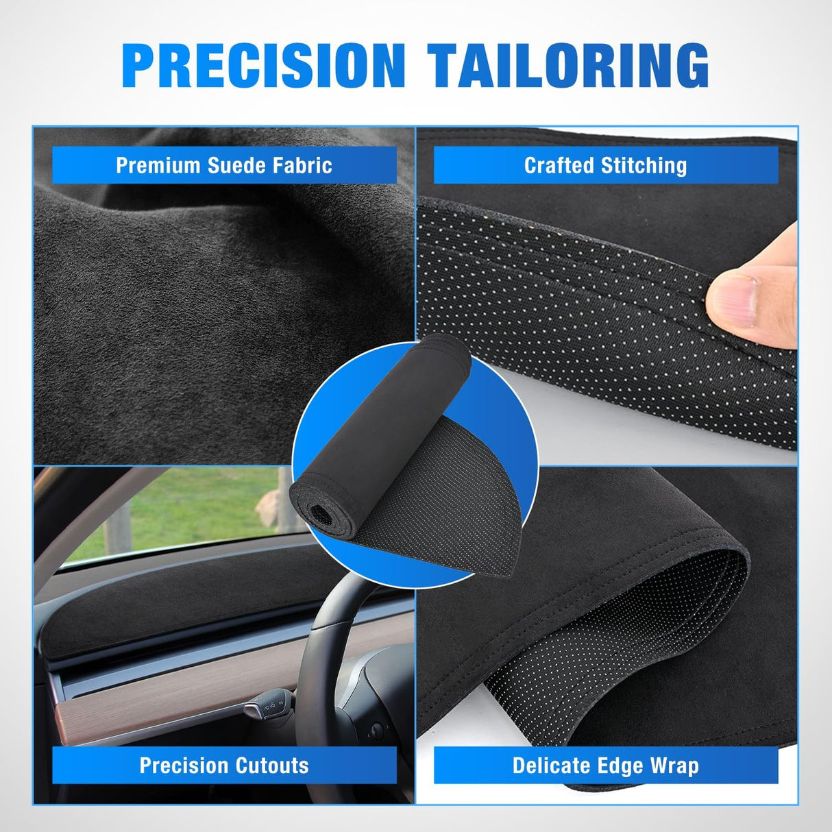Dash Cover for Tesla Model 3/Y, Custom Fit Suede Mat | Non-Slip Backing, Reduce Sun Glare and Protect the Dashboard from UV Exposure