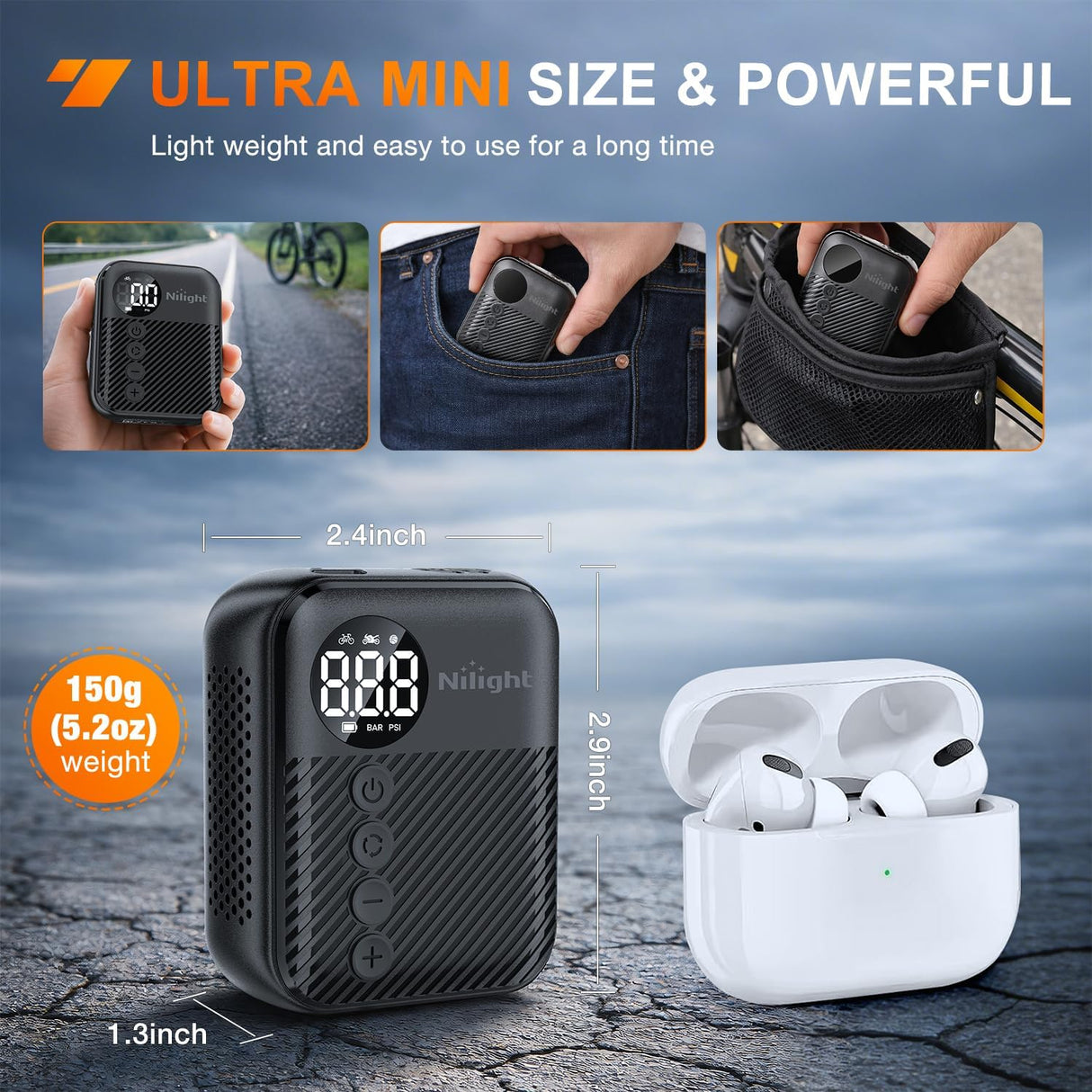Mini Bike Pump with Gauge 150PSI Presta & Schrader Valve | Compact 150 Psi Fast Inflate Tiny Bicycle Air Pump Portable Air Inflator for Road Mountain E-Bike Motorcycle Ball