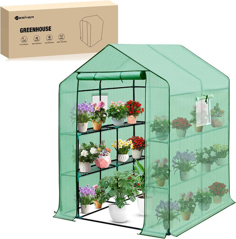 Greenhouse 57.5 Inchx57 Inchx77 Inch Walk in Green House - Large Outdoor/Indoor Greenhouses with 8 Shelves Waterproof PE Cover & Windows, Portable Greenhouse Kit for Winter Backyard Gardening Patio, Green