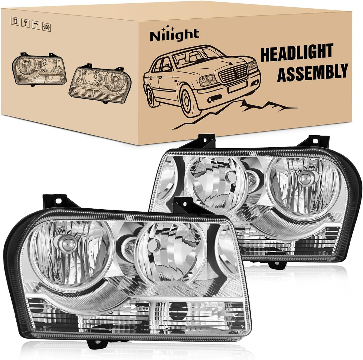 Headlight Assembly Compatible with 2005-2010 Chrysler 300 | 2005-2010 Chrysler 300 Halogen Style OE Factory Replacement Headlights Chrome Housing Headlamp