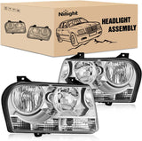 Headlight Assembly Compatible with 2005-2010 Chrysler 300 | 2005-2010 Chrysler 300 Halogen Style OE Factory Replacement Headlights Chrome Housing Headlamp