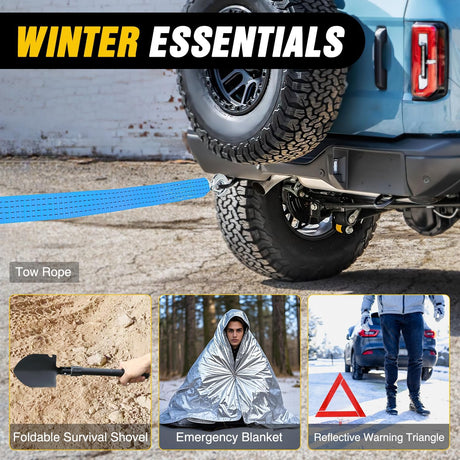 Car Emergency Kit with Jumper Cable Air Compressor Tire Repair Essential Tools First Aid Alligator Connector Electrical Kit for Travel Camping Outdoor Cars Truck SUV RV