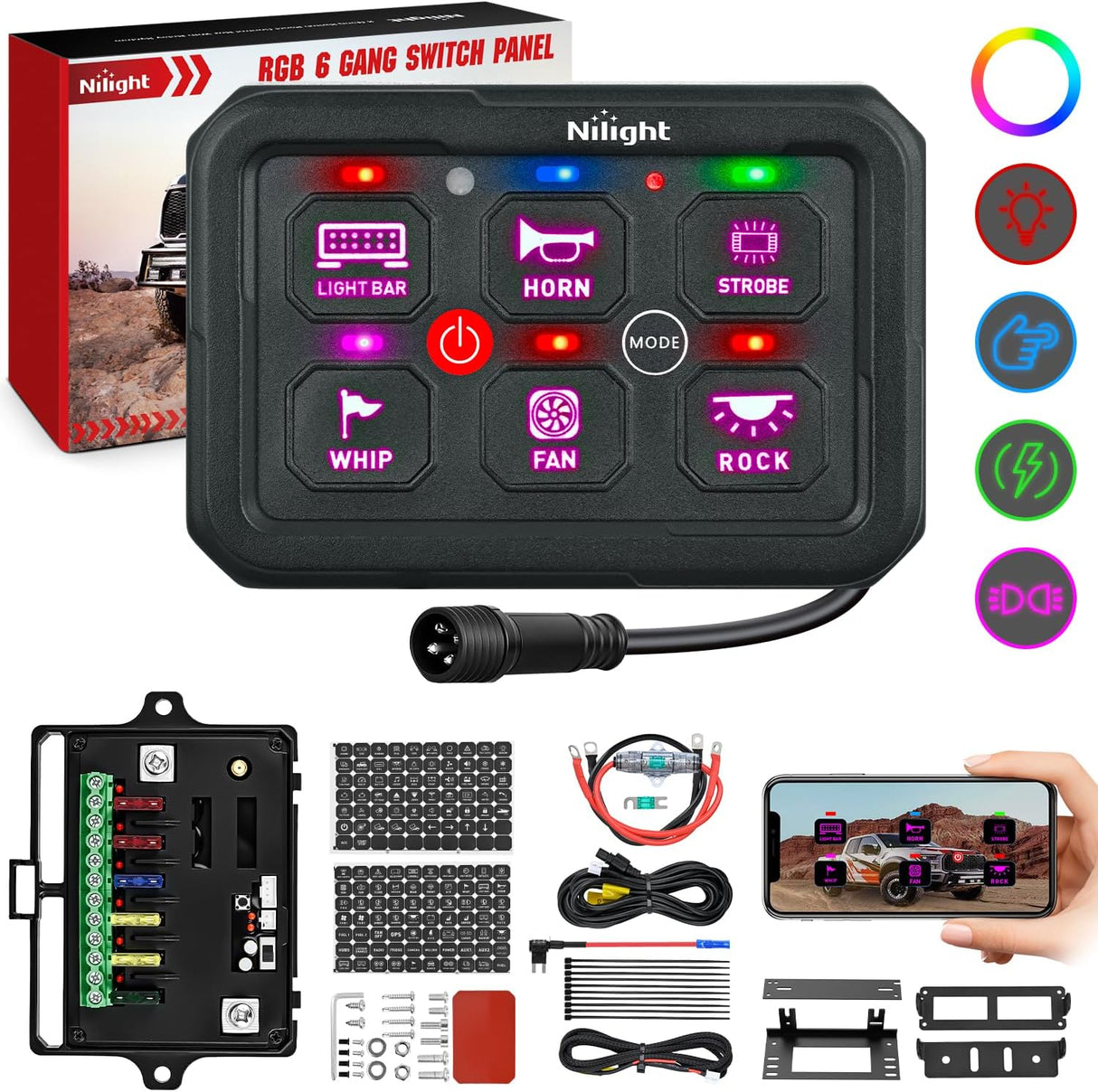 6 Gang Switch Panel Circuit Control Relay System APP RGB Backlight Fuse Wiring Harness Toggle Momentary Strobe Flash Modes Automatic Dimmable 12V 24V ON Off Pod for Car Truck Camper SUV