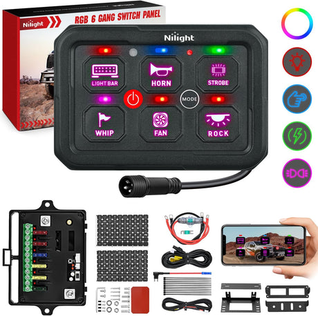 6 Gang Switch Panel Circuit Control Relay System APP RGB Backlight Fuse Wiring Harness Toggle Momentary Strobe Flash Modes Automatic Dimmable 12V 24V ON Off Pod for Car Truck Camper SUV