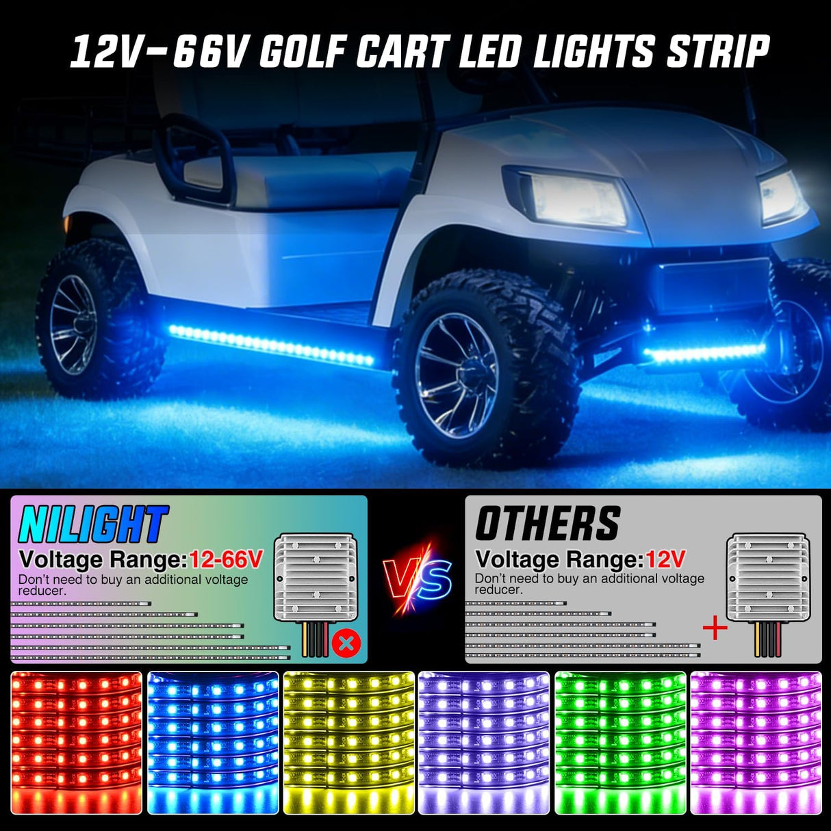 6PCS Golf Cart RGB LED Underglow Light Strips Kit APP & Remote | Multi-Mode Neon Accent Lighting Lamp Sound Active Music Sync IP67 Waterproof 12V-66V Input for EZGO Yamaha Club Car