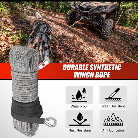 Synthetic Winch Rope Kit, 1/4 Inch x 50 Feet Winch Line Cable for ATV UTV Offroad, 10000 lbs Gray Winch Cable Ropes with Winch Fairlead+ Forged 35000lb Winch Hook+ Rubber Stopper Safety Strap