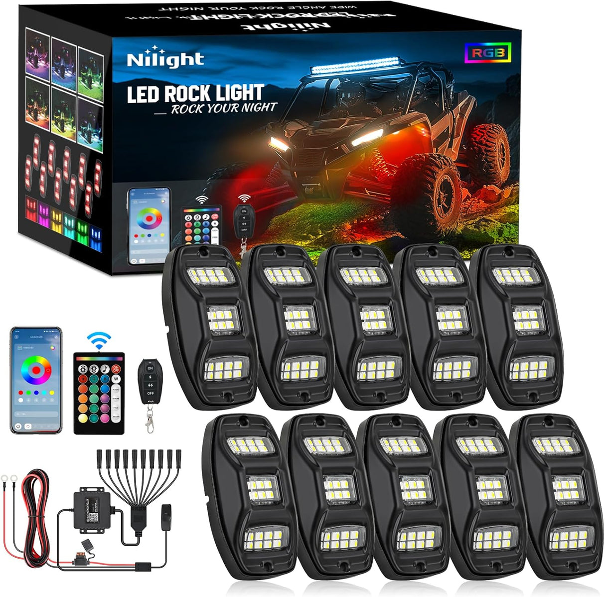 RGBW LED Rock Lights Kit, 10 Pods 22LED Wide Angle Remote & Bluetooth App Dual Control with Music Modes Multicolor Underglow Neon Wheel Well Light Fit for ATV UTV SUV Offroad Truck RZR Boat