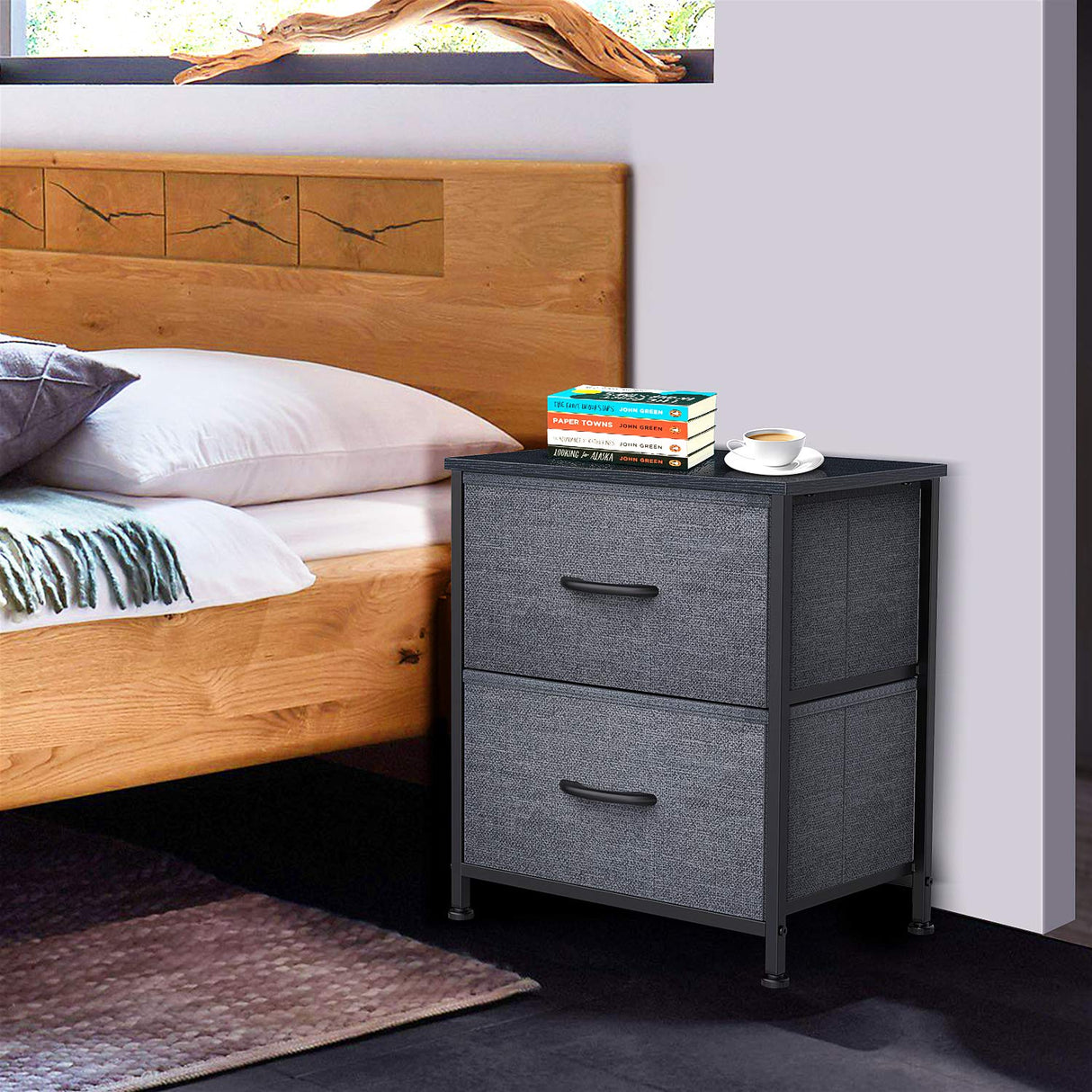 Dressers Dresser for Bedroom Storage Tower with 2 Drawers Fabric Bins Sturdy Metal Frame Wood Top Small Organizer Unit for Guest Room, Closet, Living Room, Hallway, Home Furniture, Office, Dark Gray