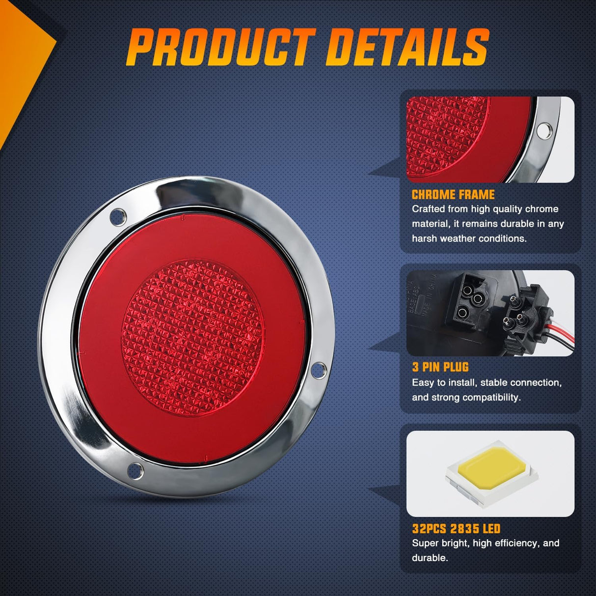 Trailer Tail Lights 2PCS 4Inch Round 32LED Red Halo Chrome | Plated Frame Grommet IP67 Waterproof Marker Clearance Stop Brake Turn Running Taillights for Trailer Truck Pickup Camper RV