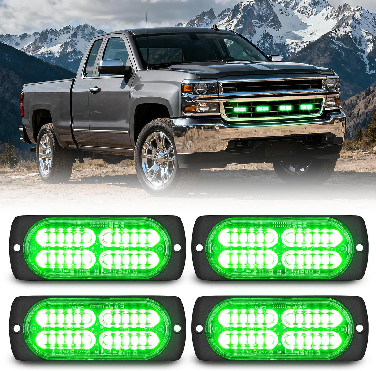 4PCS 24LED Emergency Strobe lights 12V 24V Green Surface Mount Grille Hazard Safety Warning Light Sync Feature Side Flashing Marker Flash for Car Truck Campers