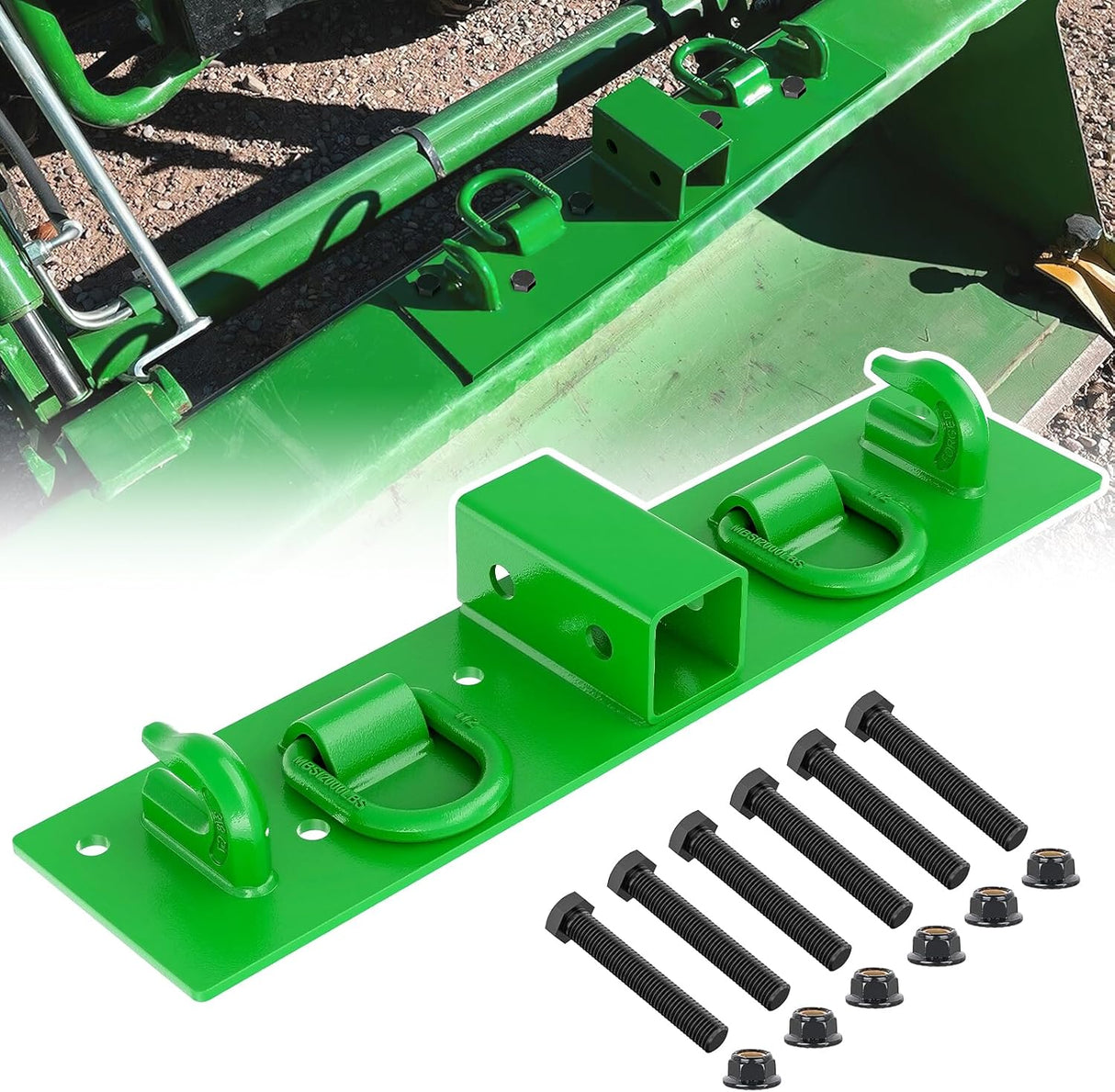 3/8 Inch Tractor Bucket Grab Hooks with 1/2 Inch Tie Down Ring and 2 Inch Receiver Grade 70 Forged Steel Bolt-On for John Deere Compact Tractor Bucket RV UTV Truck Max 4700LBS, Green