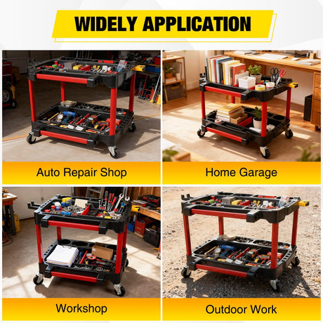 2-Tier Car Detailing Cart with Polisher Brackets - Rolling Utility Plastic Cart with Organizer & Hooks - Heavy Duty Mobile Tool Station