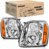 Headlight Assembly Compatible with 2007 2008 2009 2010 2011 2012 2013 2014 GMC Yukon Halogen Type Factory OE Style Replacement Chrome Housing Amber Reflector Passenger and Driver Side