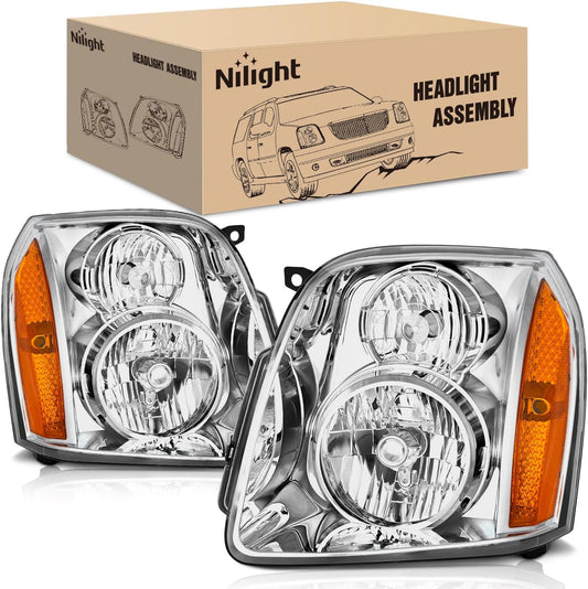 Headlight Assembly Compatible with 2007 2008 2009 2010 2011 2012 2013 2014 GMC Yukon Halogen Type Factory OE Style Replacement Chrome Housing Amber Reflector Passenger and Driver Side