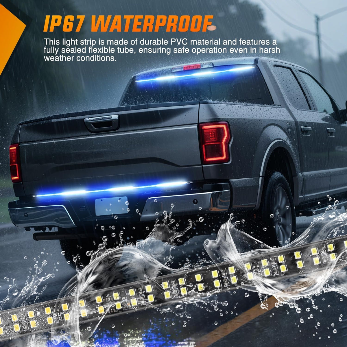 48 Inch 288 LED Tailgate Strobe Light Strip Blue White | 28 Light Modes Double Row Waterproof Warning Rear Window Lamp for Pickup, Trailers, Construction Vehicles, Car, SUV