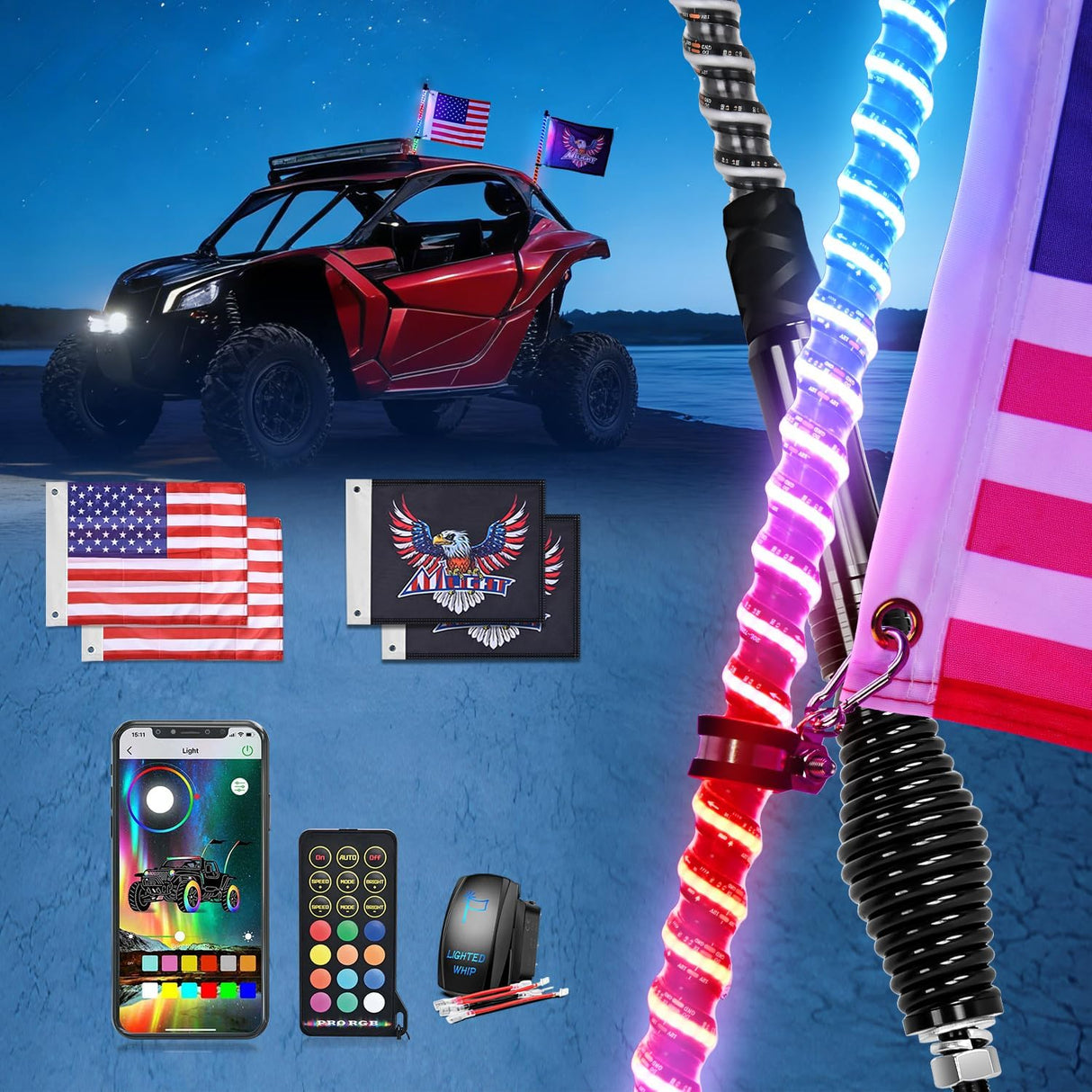 COB RGB LED Whip Light 2PCS 2FT Spiral Antenna Whips | Bluetooth APP and Remote Control with DIY Chasing Patterns Music Sync and Spring Base for ATV UTV RZR Can Am and Truck