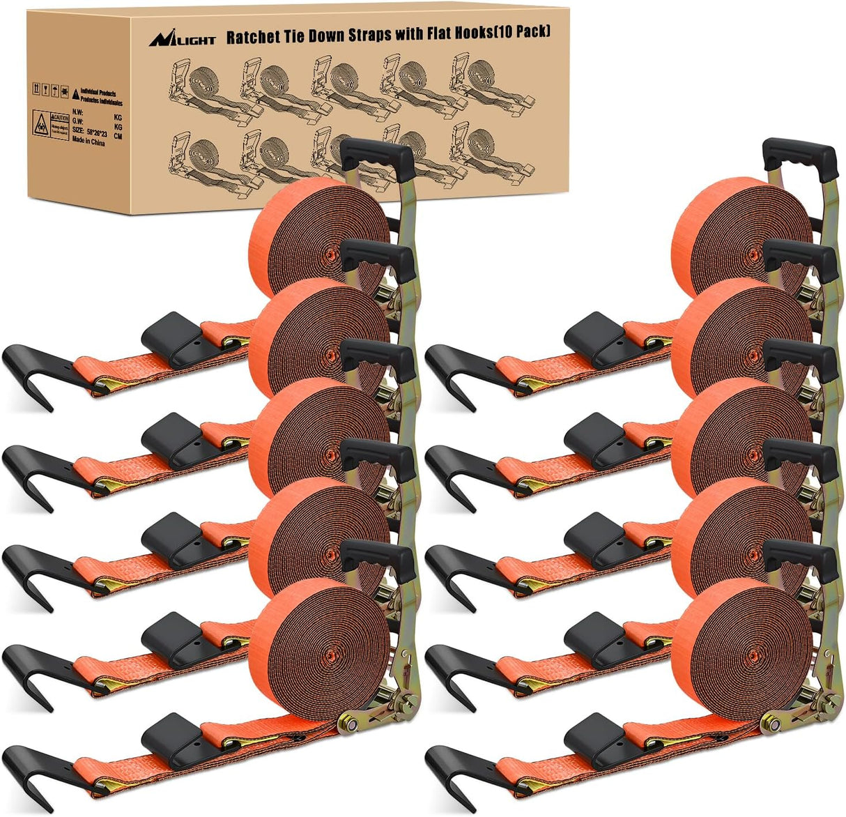 Flat Hook Ratchet Straps 10 Pack 2 in x 30 Ft Orange | Heavy Duty Tie Down Straps 10,000 Lbs Breaking Strength for Truck, Trailers Pickup