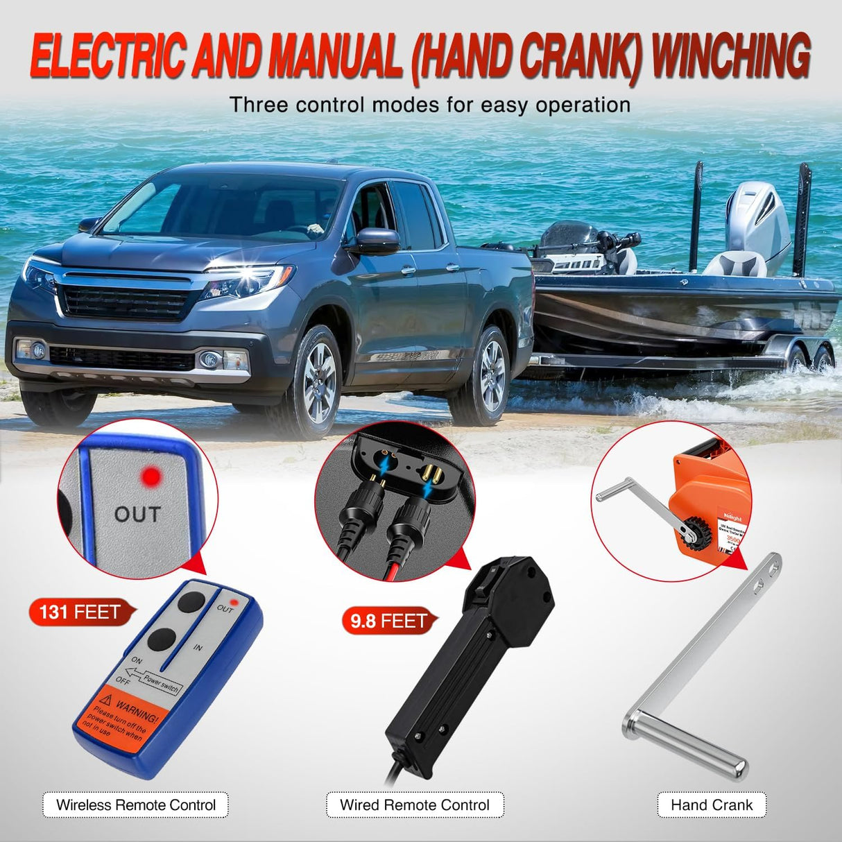 Boat Trailer Winch 3500 lbs Portable Electric Boat Winches 12 V DC Marine Winch with Steel Cable Remote Control & Hand Crank Power-In Freewheel Operat Waterproof Winch for Boat Trailer, Orange