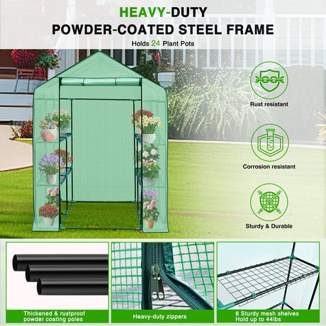 Greenhouse 57.5 Inchx57 Inchx77 Inch Walk in Green House - Large Outdoor/Indoor Greenhouses with 8 Shelves Waterproof PE Cover & Windows, Portable Greenhouse Kit for Winter Backyard Gardening Patio, Green