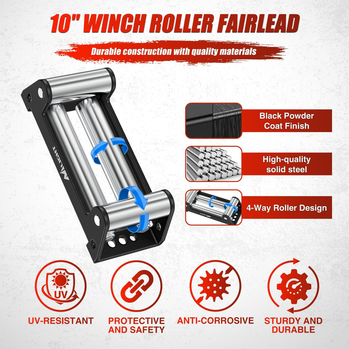 Winch Fairlead 10 Inch (254mm) Heavy Duty Winch Roller Fairlead 4-Way Universal Cable Guide with Mounting Hardware for Steel Cable 8000-12000 LBS UTV ATV Winches Accessory Replacement Black