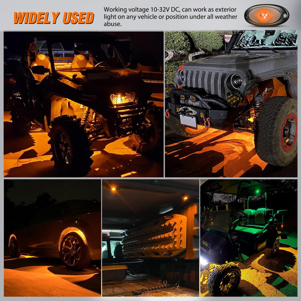 LED Rock Light 4PCS Amber Underglow Wheel Well Fender Pods Waterproof Exterior Underbody Roof Rack Side Lamps for 12V 24V Car Truck Pickups ATV UTV SUV Motorcycle Boat