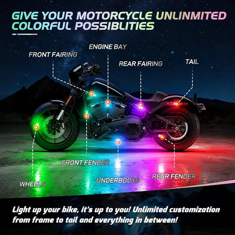 8PCS Motorcycle Dream Color LED Strip Lights Kit Waterproof Multicolor Atmosphere Neon Accent Lights Pods Lamp APP and Remote Control Underbody Strips for Harley Davidson Honda Kawasaki Suzuki