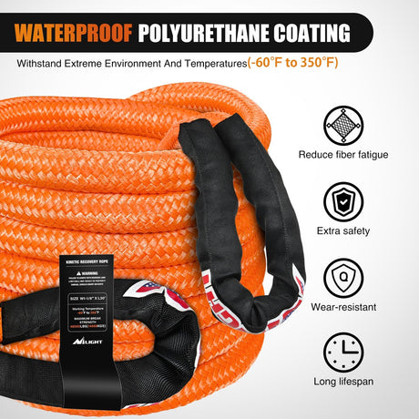 Kinetic Recovery Rope 48000 LBS 1-1/8in x 30ft Snatch Strap Heavy Duty Offroad Towing Starp Kit Vehicle Recovery kit for UTV ATV SUV Truck Car Jeep Tractor