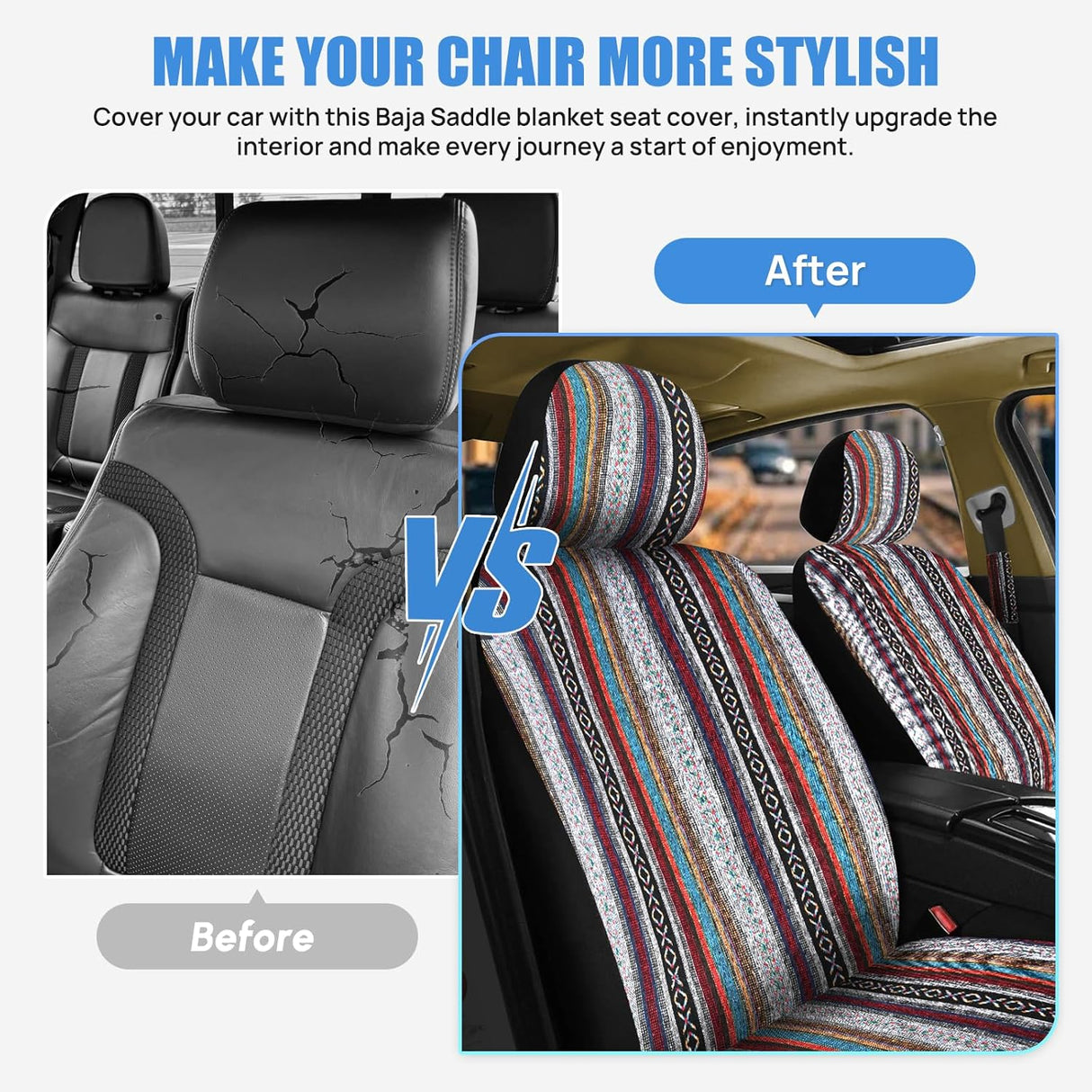 Car Seat Covers 2PCS Red Stripes Baja Saddle Blanket with Shoulder Pads Breathable Washable Striped Woven Airbag Compatible Universal for Cars SUV Truck Front Seat