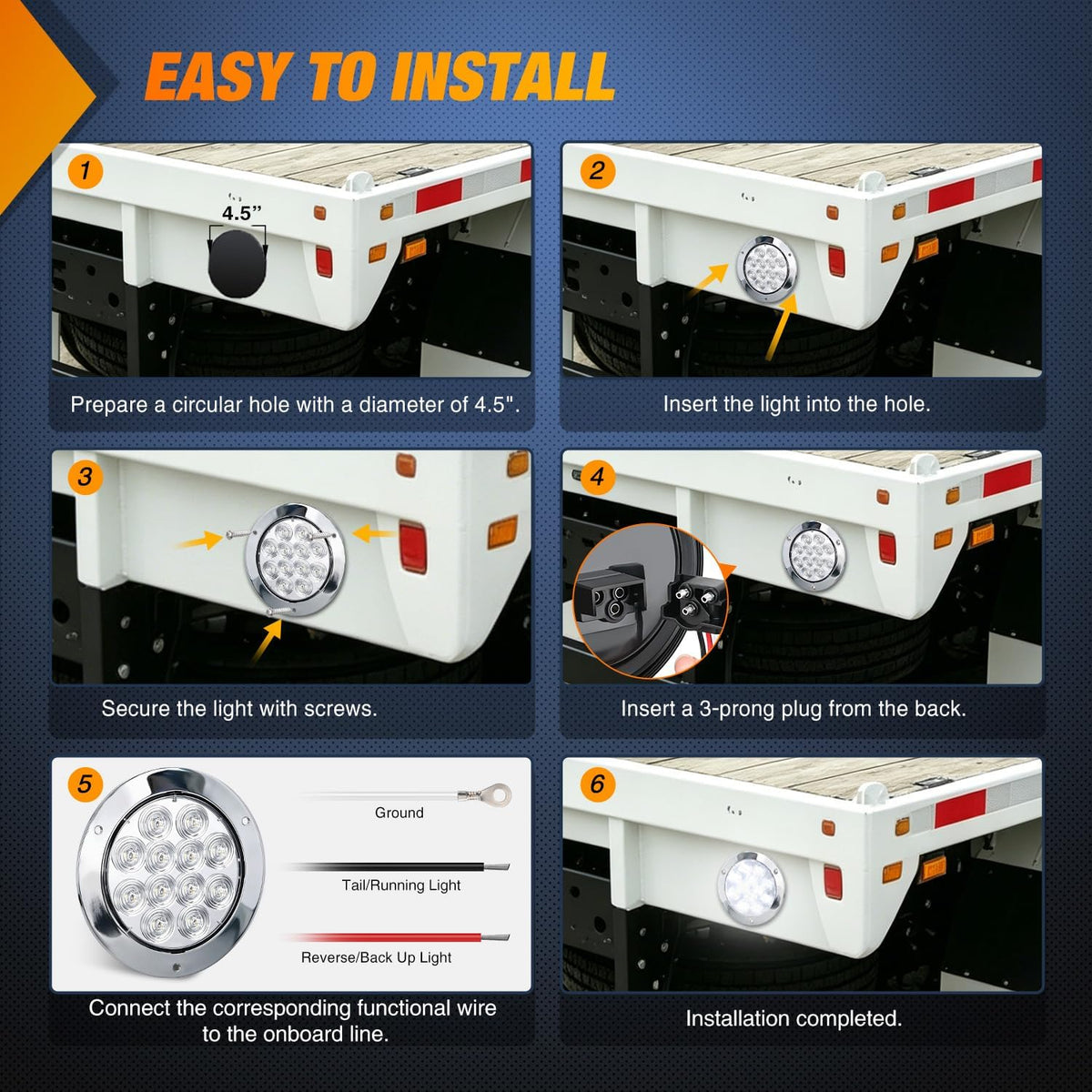 Trailer Tail Lights 2PCS 4Inch Round 12LED White Chrome Frame | IP67 Waterproof Marker Clearance Reverse Backup Running Taillights for Trailer Truck Pickup Camper RV