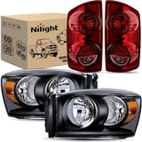 Headlight and Taillight Assembly Combo Compatible with 2007 2008 2009 Dodge Ram 1500 2500 3500 OE Style Black Housing Amber Reflector with Smoke Housing Tail Lights
